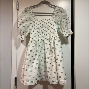 Hill House White Mini Dress with Green Floral Print